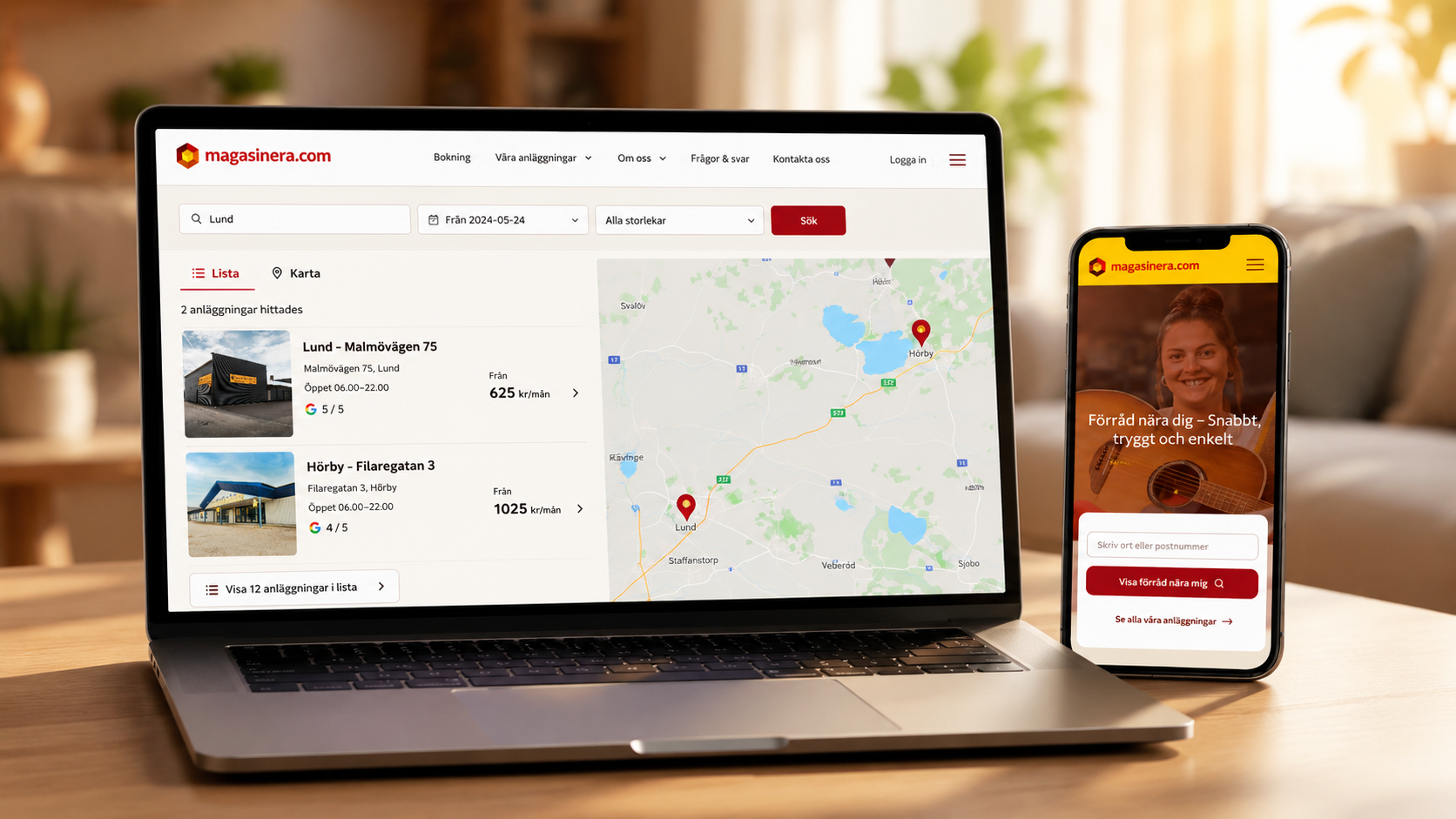 På nya magasinera.com kan du se lediga förråd både i lista och på karta. Nya magasinera.com visas på laptop och mobil med sökfunktion för förråd i lista och på karta.